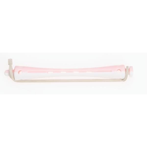 Set 12 bucati bigudiuri din plastic cu elastic pentru permanent Roz&Alb 80 mm x 6,5mm grosime